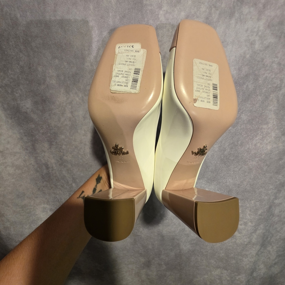 Prada Women's Cream and Blush Cap-Toe Patent Leather Flats - Picture 3 of 12